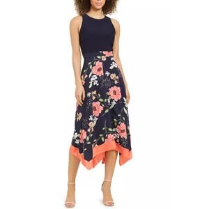 Vince Camuto Floral Print Asymmetrical Hem Dress Size 2P Sleeveless Navy
